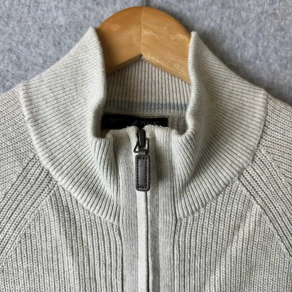 NWT Banana Republic Full Zip Cardigan Sweater Mens Size Large Cream Mr Roger’s